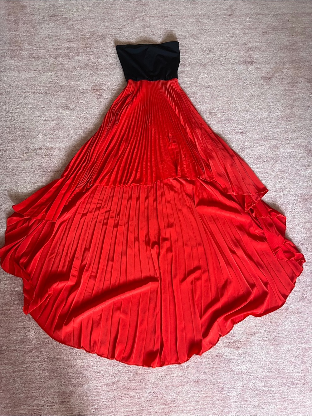 Alexis Black Strapless Black and Red Pleated High Lo Evening Dress XS
